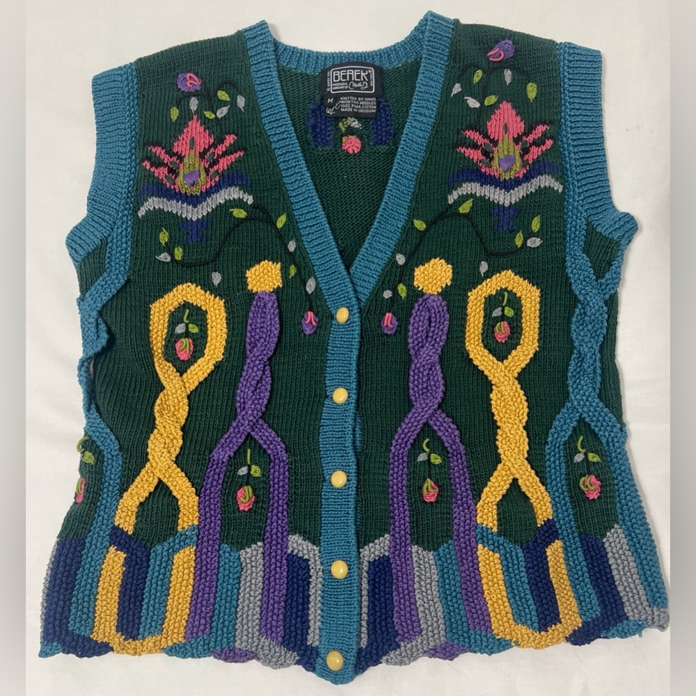 Vintage 1992 Berek Knit Pima Cotton Folk Art Cottage Core Sweater Teacher Vest